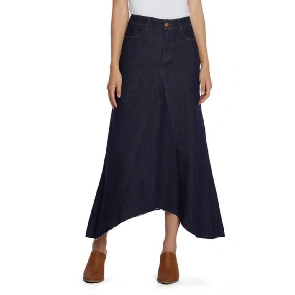 Wash Lab Selma Long Skirt Women 31 Indigo Denim High Low Raw Hem Asymmetric Maxi